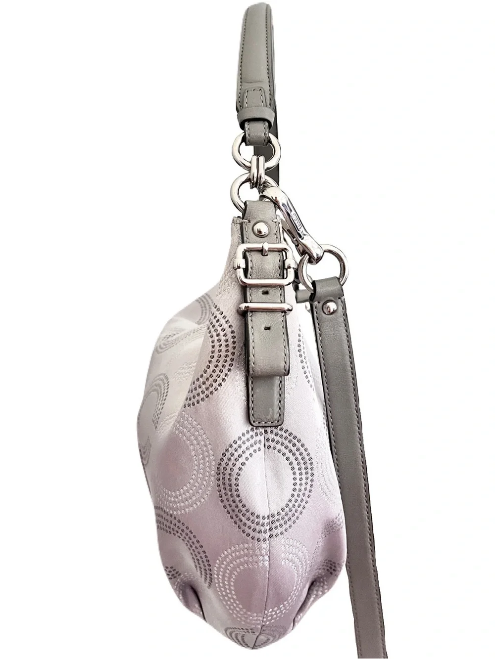 Coach Silver Jacquard Grey Leather ‘Madison Dotted Op Art’ Hobo Satchel